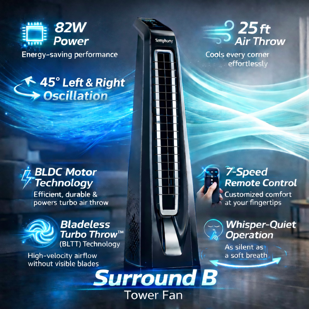Surround B Black | BLDC Tower Fan | Remote-Controlled 7-Speed Breeze