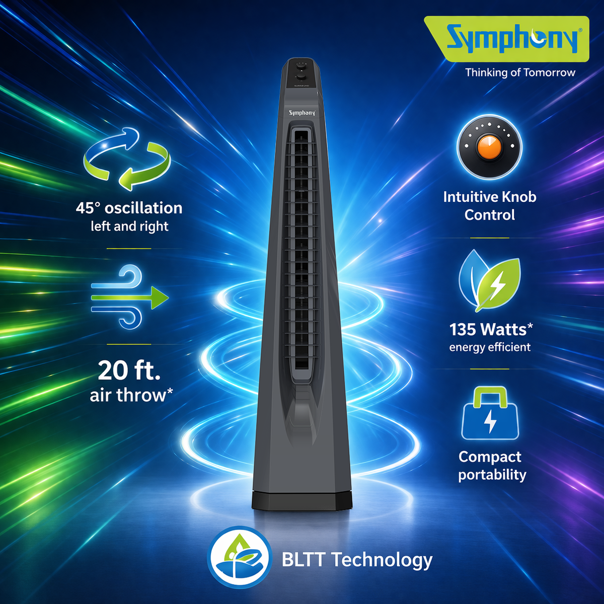 Surround Grey | Tower Fan | Knob Control | Bladeless Turbo ThrowTM (BLTT) Technology