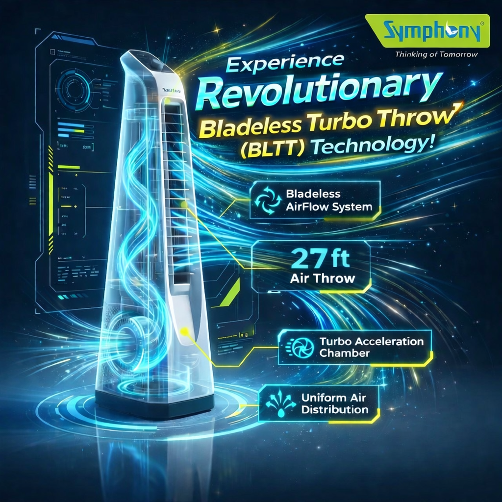 Surround Senior White Bladeless Tower Fan | Knob Control | Bladeless Turbo Throw (BLTT) Technology