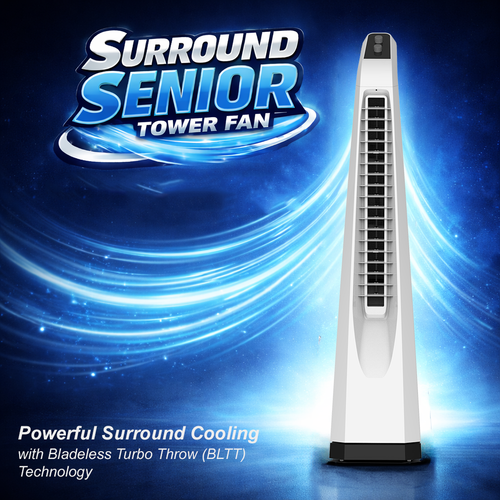 Surround Senior White Bladeless Tower Fan | Knob Control | Bladeless Turbo Throw (BLTT) Technology