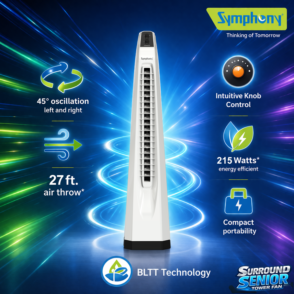 Surround Senior White Bladeless Tower Fan | Knob Control | Bladeless Turbo Throw (BLTT) Technology