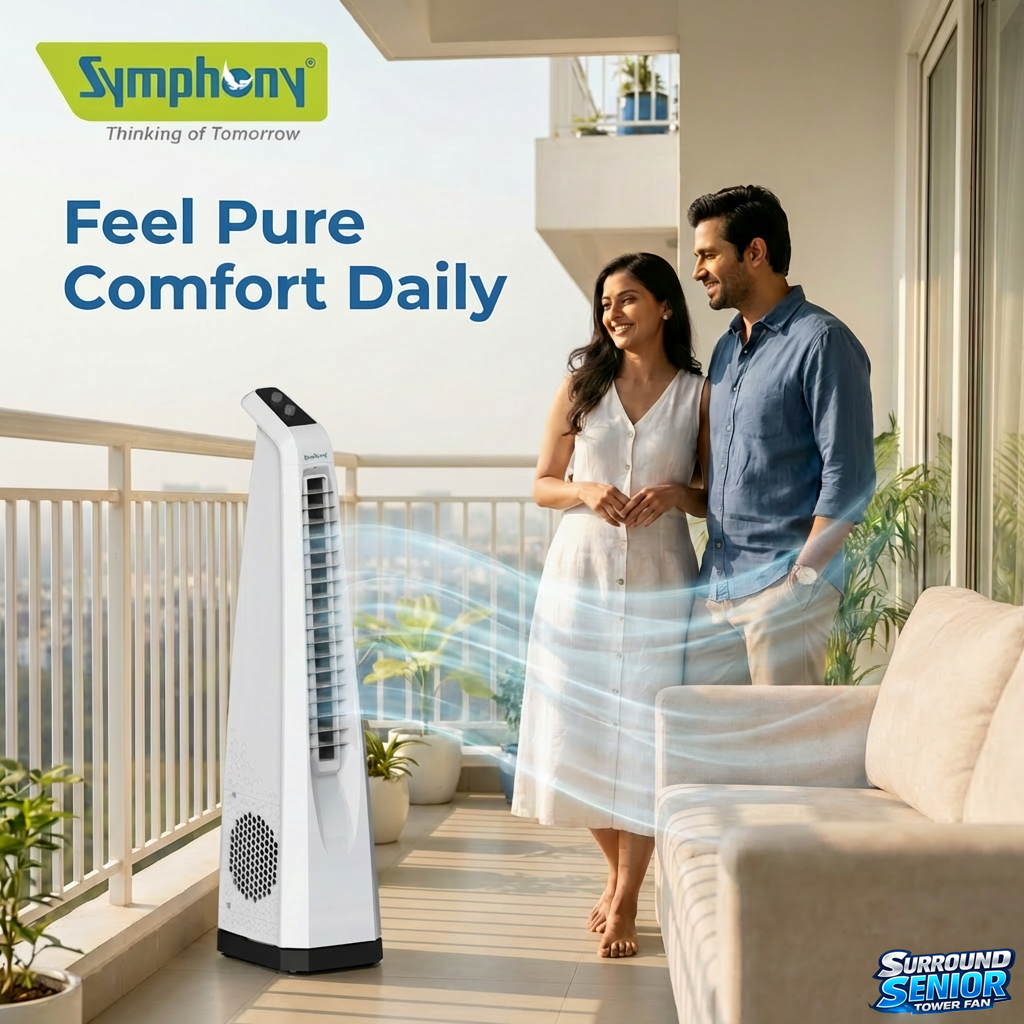 Surround Senior White Bladeless Tower Fan | Knob Control | Bladeless Turbo Throw (BLTT) Technology