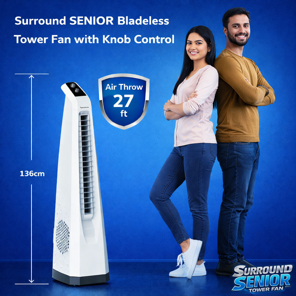 Surround Senior White Bladeless Tower Fan | Knob Control | Bladeless Turbo Throw (BLTT) Technology