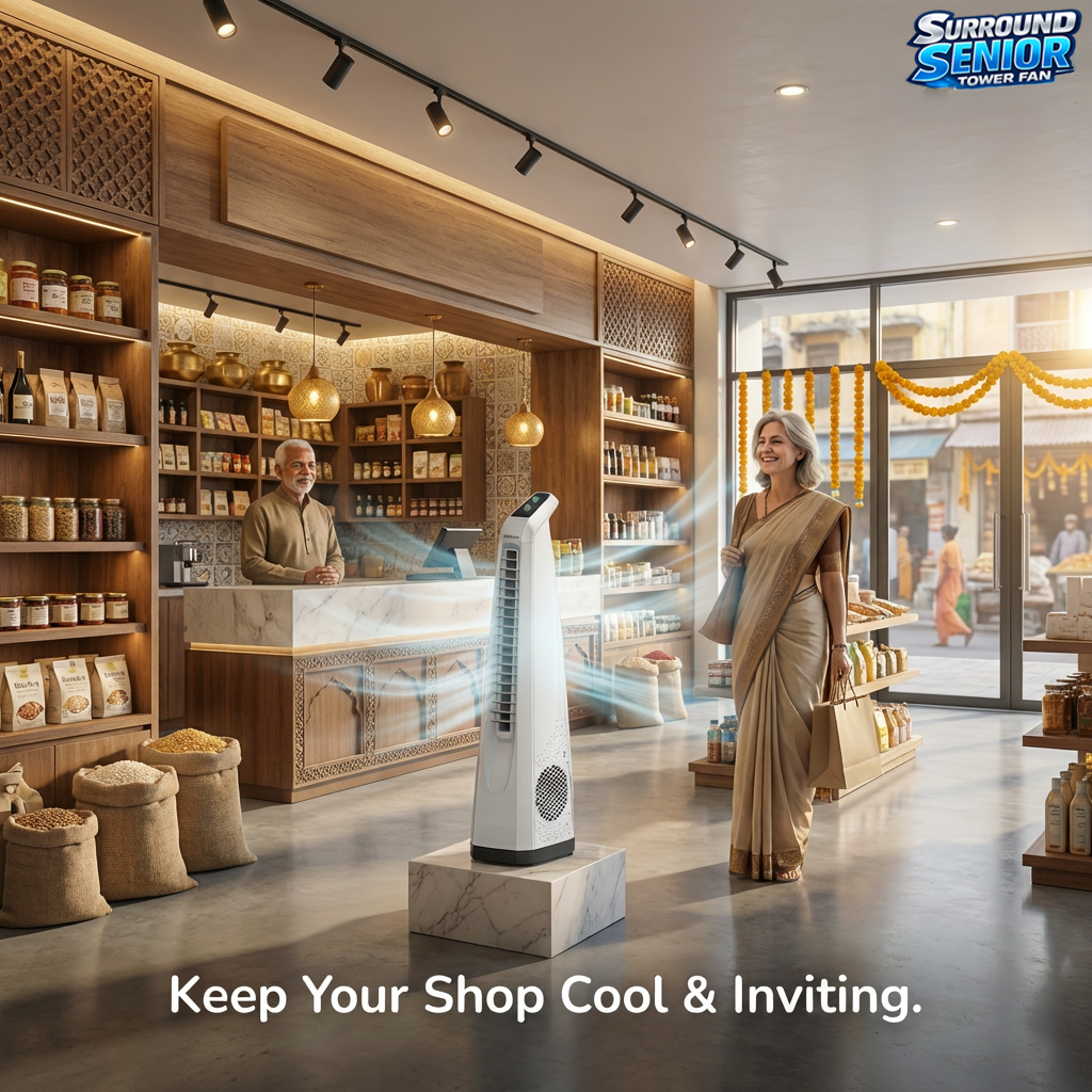 Surround Senior White Bladeless Tower Fan | Knob Control | Bladeless Turbo Throw (BLTT) Technology