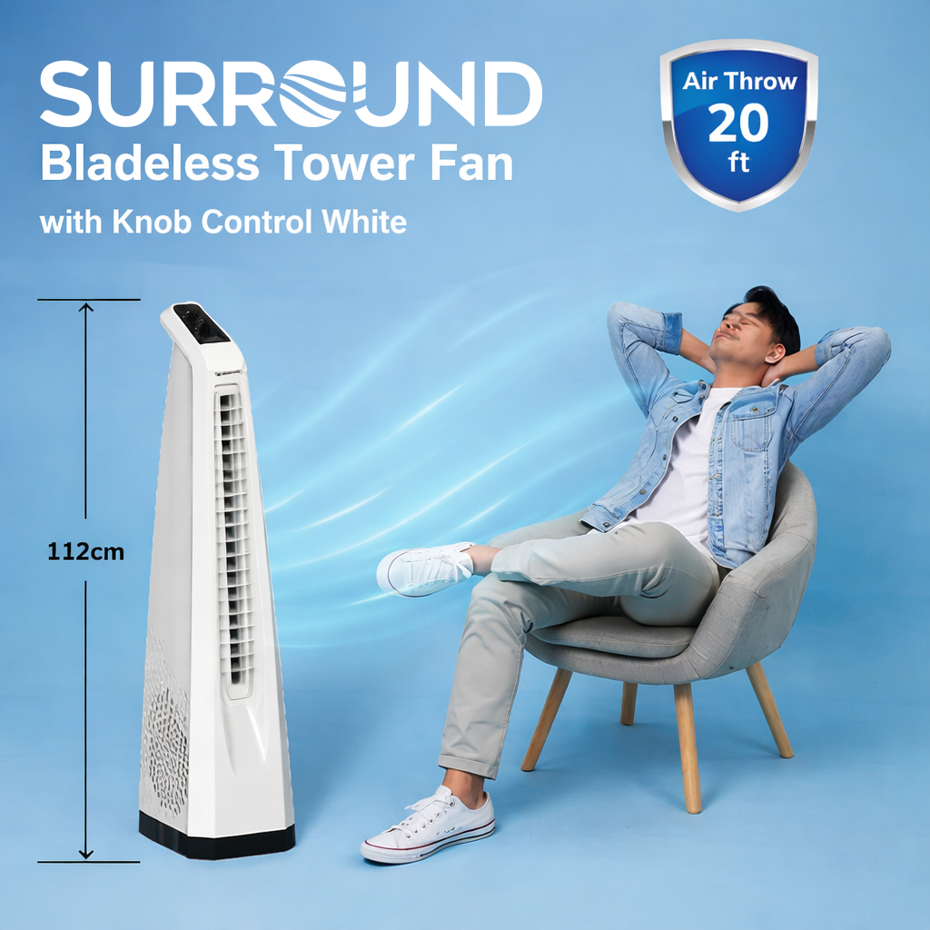 Surround White | Tower Fan | Knob Control | Bladeless Turbo ThrowTM (BLTT) Technology