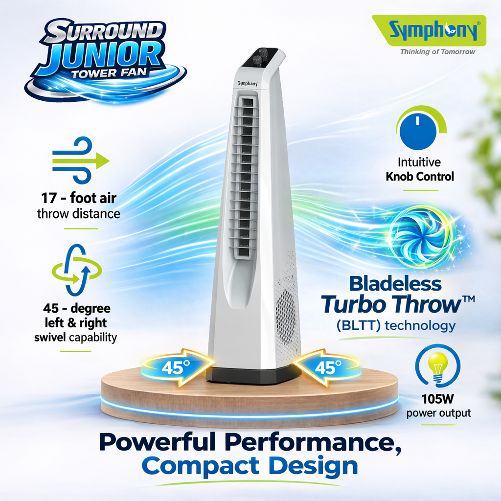 Surround JUNIOR | Tower Fan | Knob Control | Bladeless Turbo ThrowTM (BLTT) Technology