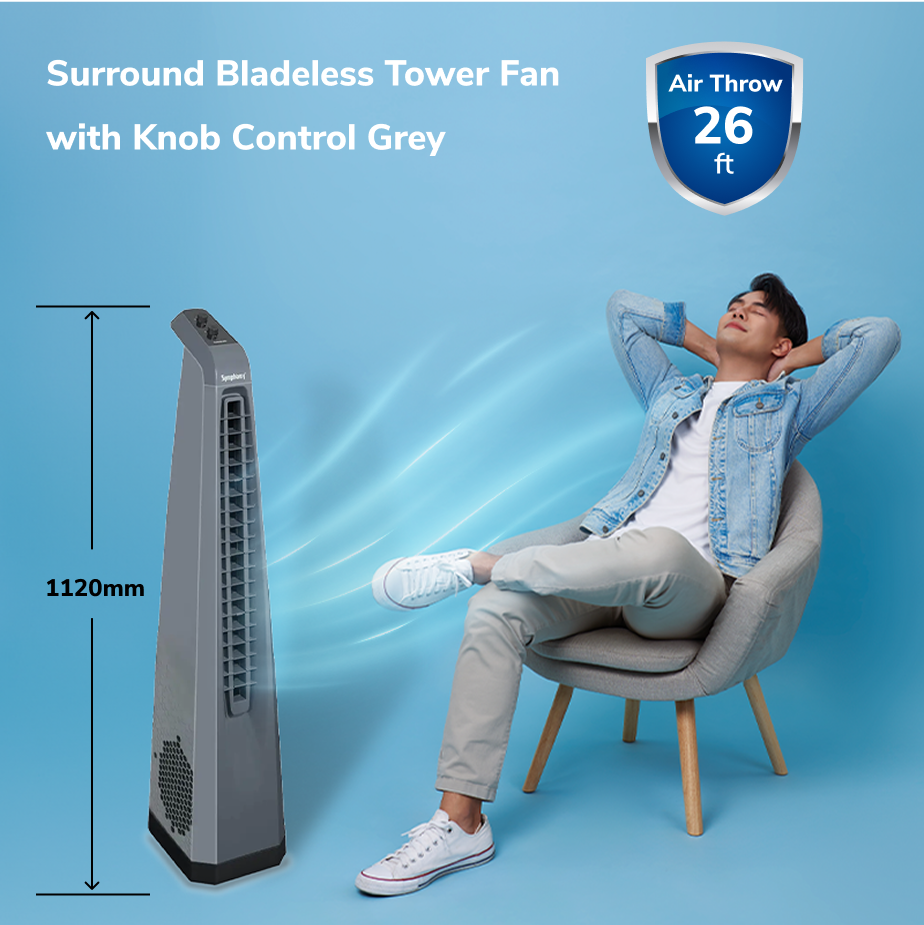 Surround Bladeless Tower Fan with Knob Control Grey