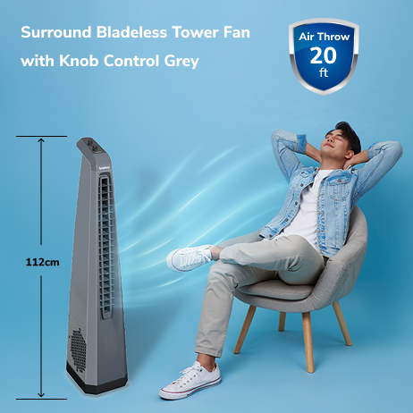 Surround Grey | Tower Fan | Knob Control | Bladeless Turbo ThrowTM (BLTT) Technology