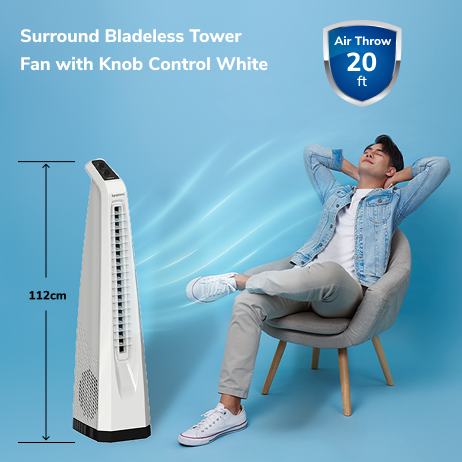 Surround White | Tower Fan | Knob Control | Bladeless Turbo ThrowTM (BLTT) Technology