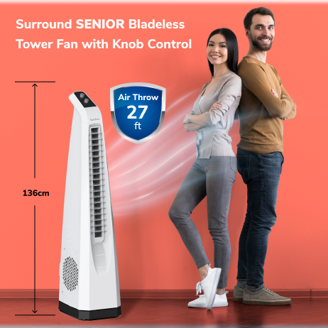 Surround Senior White Bladeless Tower Fan | Knob Control | Bladeless Turbo Throw (BLTT) Technology